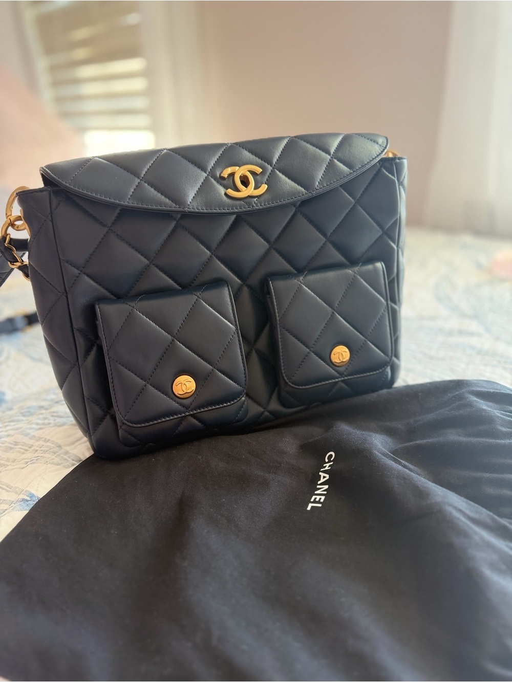Chanel Quilted Double-Pocket Shoulder Bag - Black with Gold Hardware